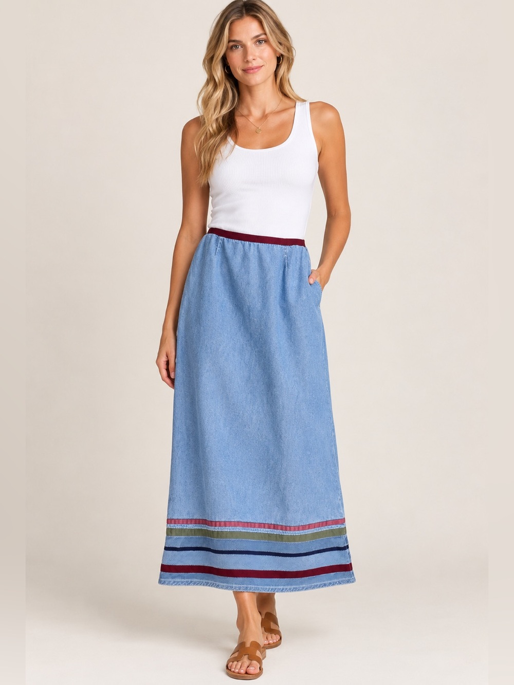 Christopher & Banks Denim Blue Cotton Maxi Skirt 8 Boho Cottagecore Striped Hem